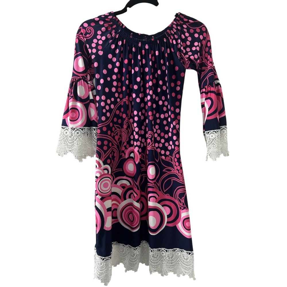 White Mark Geometric Polka Dot Mini Dress‎ S Navy Pink Lace Trim Retro Mod Boho